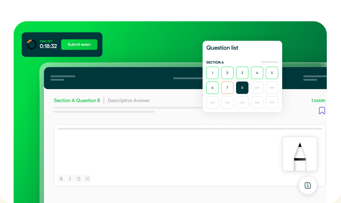 ExamX exam screen with accessibility tools, question list and submit timer